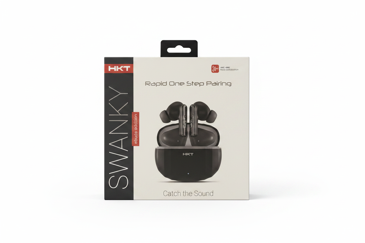 HKT Swanky Earbuds front view white background